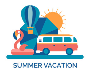Summer vacation. Travel flyer. Beach flamingo, bus on sunset background. Minimalistic summertime geometric tropical elements. Resort vacation. Vector cartoon flat style isolated simple illustration
