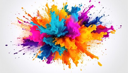 Vibrant splashes of paint in a variety of colors, including red, blue, yellow, and green, create an artistic explosion against a clean white background.