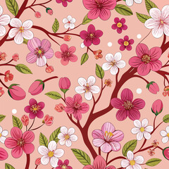 Cherry Blossom Seamless Pattern &ndash; Elegant Floral Spring Background with Sakura Flowers