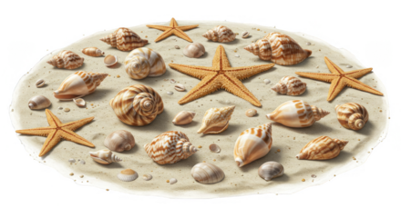 Illustration of Seashell and Starfish Pattern on Beach Sand Isolated