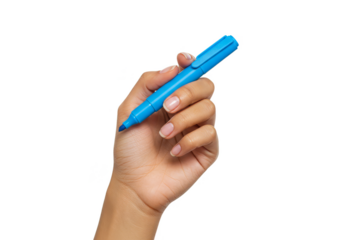 Illustrative Hand Holding Blue Marker Pen Isolated on Transparent Background