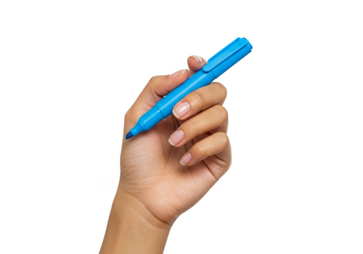 Illustrative Hand Holding Blue Marker Pen Isolated on Transparent Background - Powered by Adobe