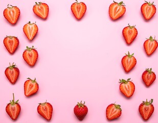 Fresh, ripe strawberries with vibrant red hues and green leaves scattered artfully on a soft pink background, creating a cheerful and inviting scene.