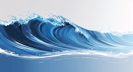 Realistic Blue Water Wave Illustration with Droplets and Fluid Motion on White Background