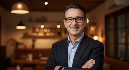 Fototapeta premium A confident, smiling business man standing in a well-lit room with his arms crossed
