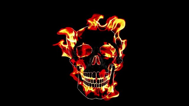 Fiery scull silhouette made of fire  burns on black chroma key background, overlay alpha channel VFX	
