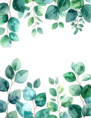 A vibrant watercolor background featuring an array of lush green leaves in various shapes and sizes, blending seamlessly with soft, earthy tones.