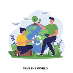 Illustration of Earth with People Promoting Recycling and Sustainability