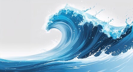 Realistic Blue Water Wave Illustration with Droplets and Fluid Motion on White Background