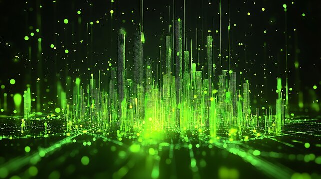 A futuristic digital city skyline made of glowing green particles and data streams