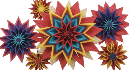 Isolated 3D Rendering of Geometric Floral Stars Papercraft on Transparent
