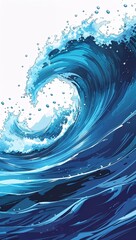 Realistic Blue Water Wave Illustration with Droplets and Fluid Motion on White Background