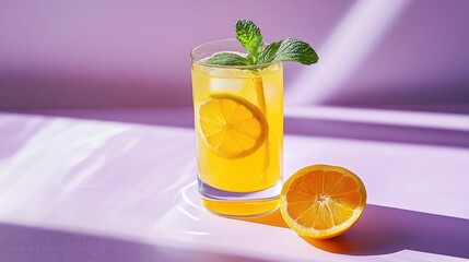 Fototapeta premium Refreshing Citrus Drink with Fresh Orange and Mint Garnish Served in a Clear Glass on a Bright Purple Surface with Soft Lighting