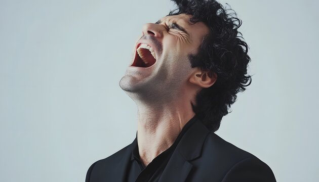 A man with curly hair laughs loudly.