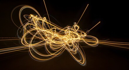 Abstract Light Painting: Dynamic Swirls and Trails of Golden Light on Black Background, Long...