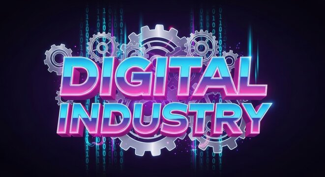 Retro-Futuristic Neon Sign with DIGITAL INDUSTRY Text, Gears, and Binary Code