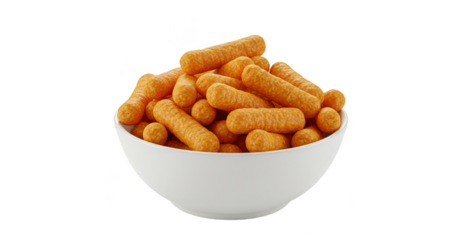 Isolated Background Cheese Puffs in White Bowl Crispy Orange Snack