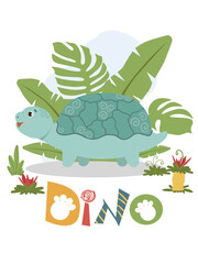 Adorable dinosaur vector illustration featuring a playful turtle-like dinosaur amidst tropical leaves. Perfect for nursery design, educational materials and playful decorations.