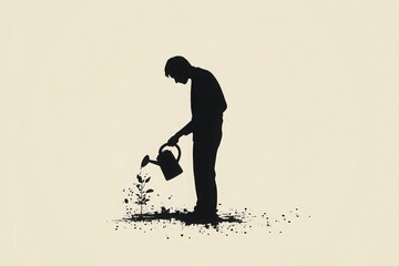 Fototapeta premium Silhouette of person watering a young plant