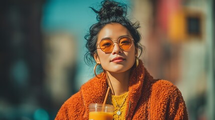 Hipster Asian Woman Drinking Smoothie in NYC with Urban Backdrop