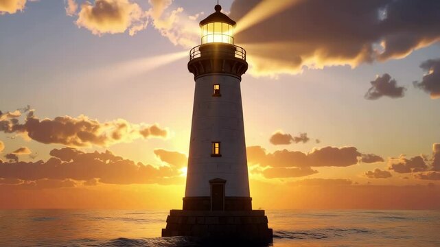 Coastal beacon emitting radiant light across tranquil ocean during golden hour, painting the cloudy sky with warm hues and reflections on water.
