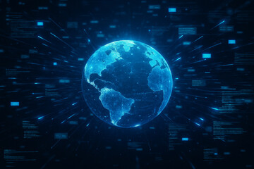 Obraz premium AI generated digital globe glowing with data streams representing worldwide connectivity big data and real-time information transfer in cyberspace.