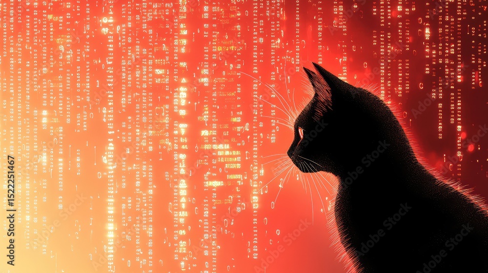 Aufkleber silhouette of a cat against a futuristic red background with matrix-like code, symbolizing technolog