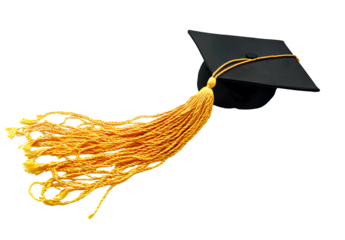 Black graduation cap with gold tassel on a white background, clip art vector illustration with no text, isolated on a pure white  