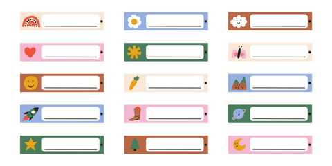 School name tag sticker set. Cute kid frame notebook name tag collection. Vector hand drawn illustration