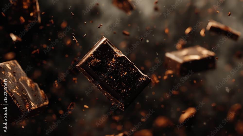 Poster delectable dark chocolate pieces floating in the air with dusty cocoa particles creating a luxurious