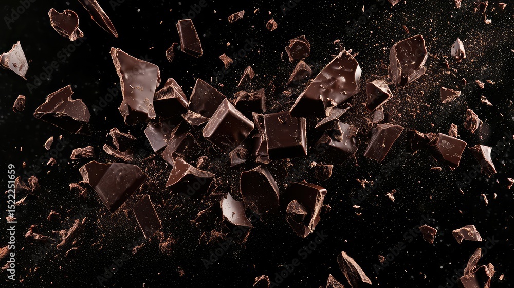 Poster dynamic explosion of dark chocolate chunks in motion against a dark background capturing the essence