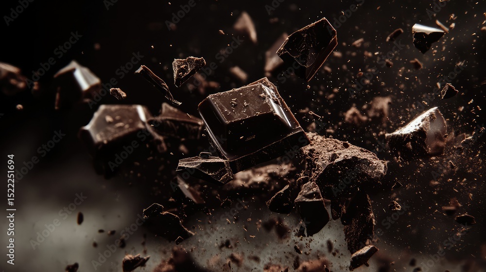 Poster dynamic explosion of dark chocolate chunks in a cloud of cocoa dust against a dramatic backdrop, cap