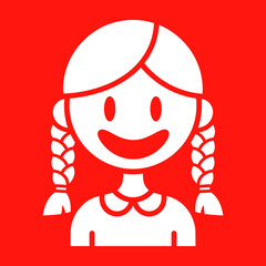 Happy Girl Portrait White Cartoon Child with Braids on Red Background