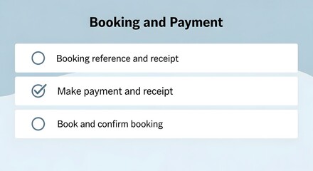 Fototapeta premium Booking and payment options with a check mark next to 'Make payment and receipt'