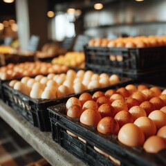 Rows of farm fresh eggs in black trays, minimalist market display