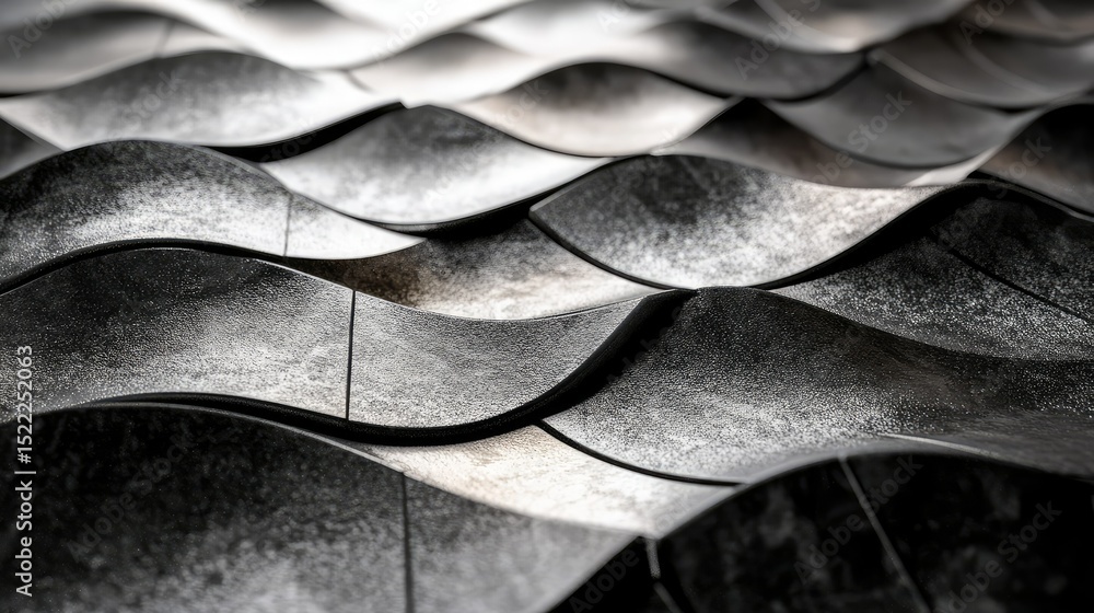 Poster abstract close-up of textured black surface with wavy patterns creating depth and shadows, ideal for