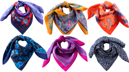 A collection of colorful and trendy hair scarves and bandanas with various patterns, isolated on Transparent Background.