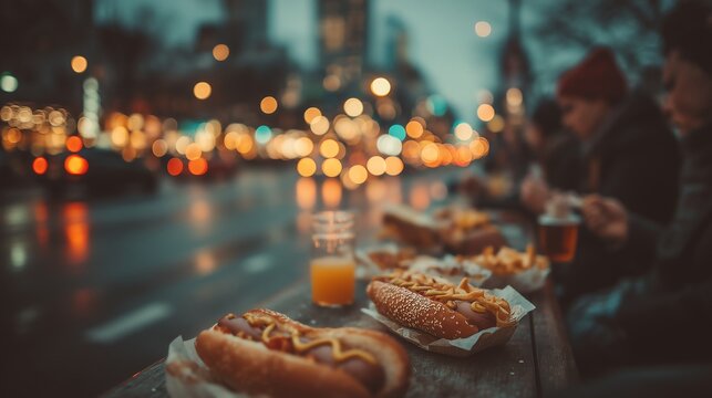 Urban street scene with friends eating hotdogs, shallow focus on foreground with blurred city lights, casual city dining