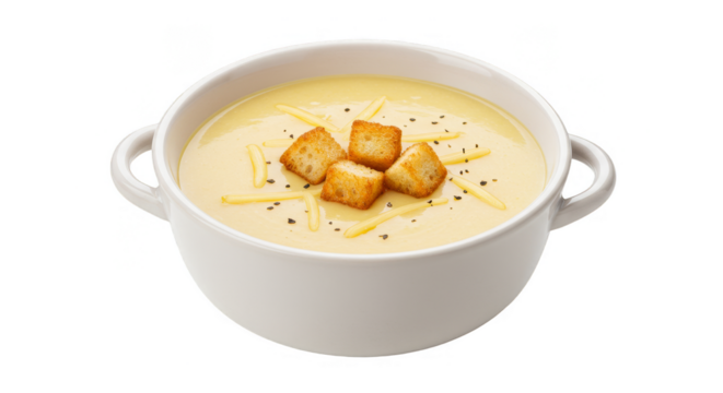 Isolated Background of Creamy Soup Bowl with Croutons Cheese and Pepper