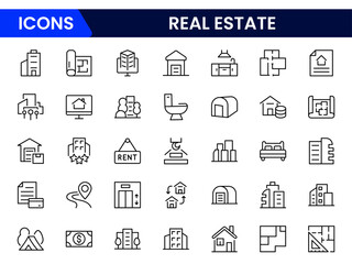 Modern vector web line icons showcasing real estate, properties, housing, mortgages, and architectural elements for home and investment.