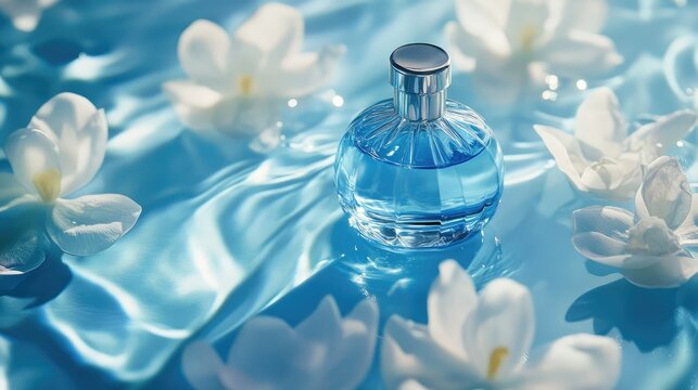 Elegant blue glass perfume bottle surrounded by soft white flowers on a serene blue water surface, creating a tranquil and refreshing scent experience
