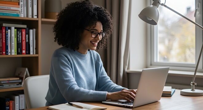 A young woman is working on laptop in a cozy home office setting. She wears glasses, is typing and smiling
