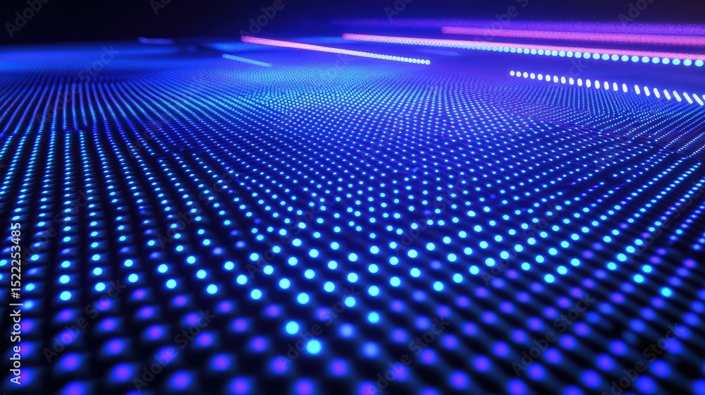 Poster vibrant blue and purple led lights displaying a dynamic pattern of dots on a dark background creatin