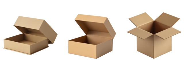 Set of three open cardboard boxes in different shapes, ideal for packaging or shipping use on transparent background