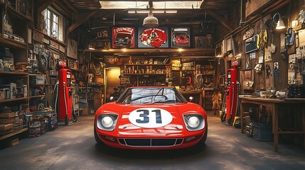 Obraz premium Classic Red Race Car in a Vintage Garage with Memorabilia and Collectibles
