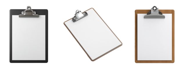 Set of modern clipboards with blank paper, ideal for office, school, or presentations on transparent background