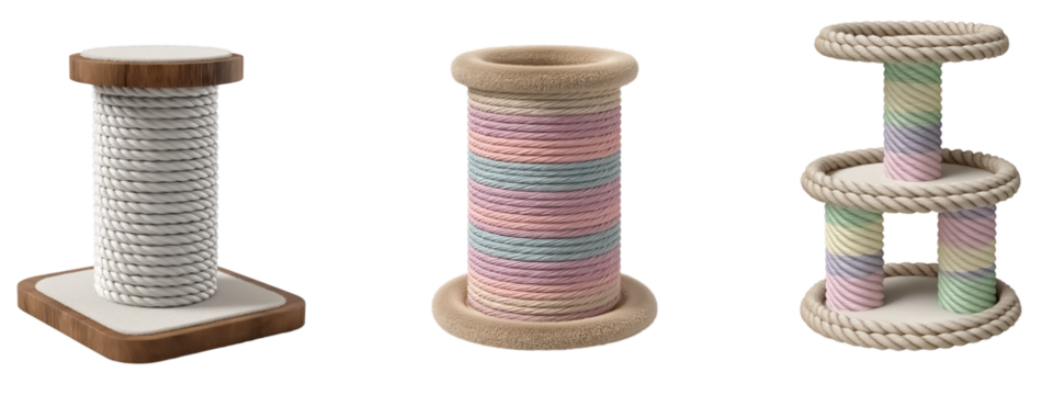Modern cat scratching posts wrapped in sisal rope, designed for playful and healthy cats on transparent background