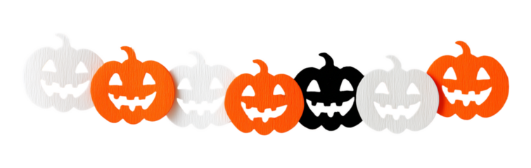 Colorful Halloween pumpkin garland with smiling faces, made from textured paper cutouts on transparent background