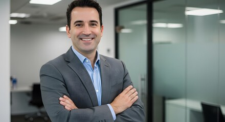 Fototapeta premium A Confident Businessman Standing with Folded Arms in a Modern Office Setting