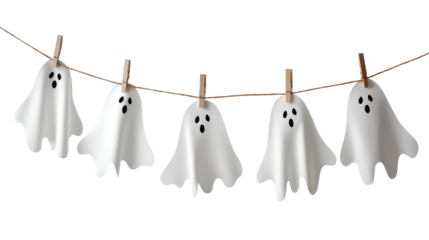 Adorable ghost paper garland clipped on a string, perfect for Halloween wall decoration on transparent background